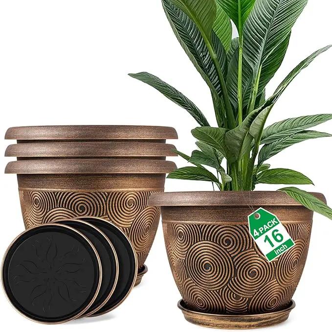 16 Inch Large Planter Pot for Plants Indoor Outdoor, 4 Pack Plastic Flower Pots with Drainage Hole & Tray, Modern Decorative Garden Pot with Saucer, Plant Container for House by GreenHaven Gardens