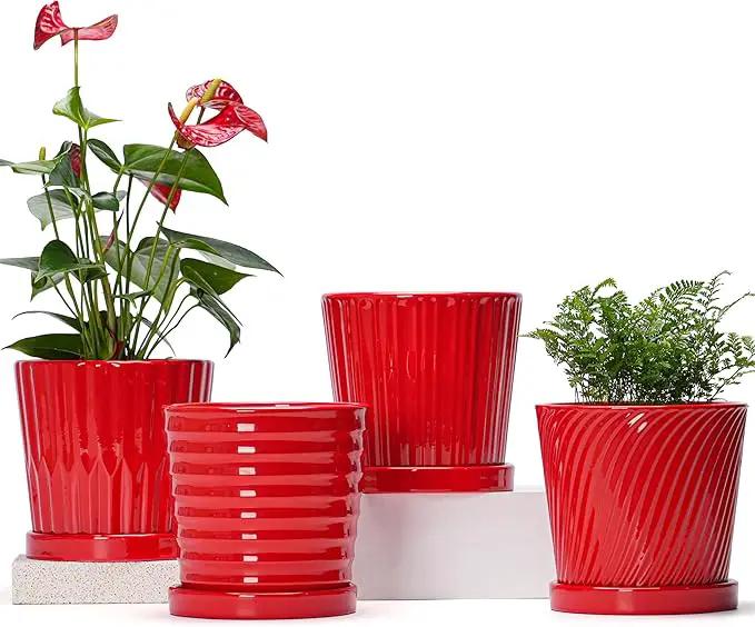 Ton Sin Plant Pots, 6 Inch Flower Pots for Plants,Ceramic Planter with Drainage Holes,Indoor Planter Pots with Saucer,Outdoor Garden Pots (Red, 4 Pack) by GreenHaven Gardens