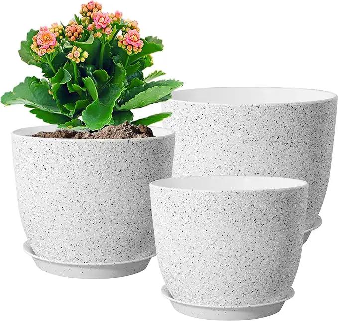 9/8/7.5 inch Flower Pots, Set of 3 Modern Decorative Plastic Planters with Drainage Holes and Saucers for Garden House Plants, Plant Pots for Indoor Outdoor Plants, Speckled White by GreenHaven Gardens