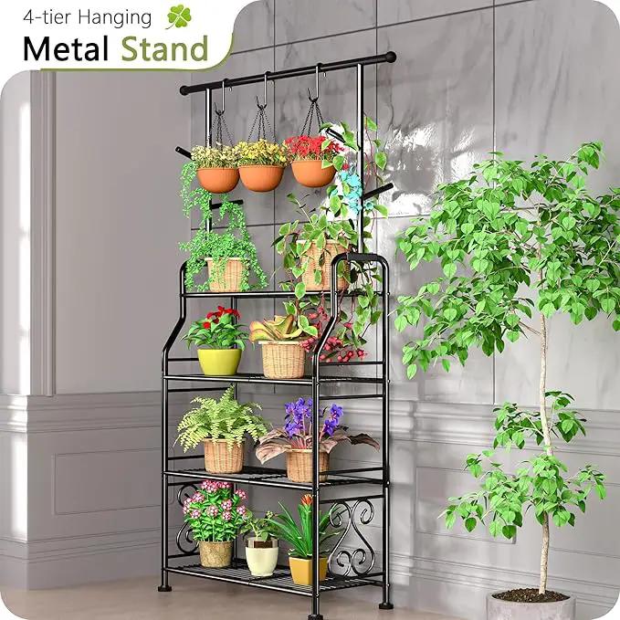 GIOTORENT Plant Stand Indoor Outdoor, 4-Tier Heavy Duty Metal Shelves, Display up to 17 Multiple Plants, Tall Plant Holder with Plant Hanger, Suit for Patio Living Room Garden Balcony, 5 Hooks, Black by GreenHaven Gardens