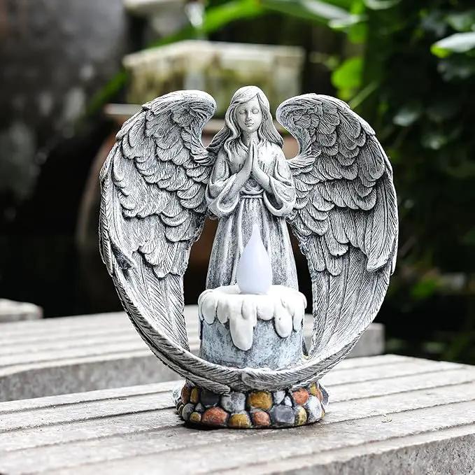 Angel Garden Statues Outdoor Cemetery Decorations for Grave Take The Cross Praying Wings Angel Figurine Cemetery Lights Patio Lawn Yard Porch Decorations 10.24 Inch by GreenHaven Gardens