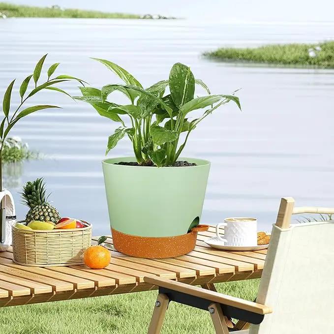12 inch Large Self Watering Pots for Indoor Outdoor Plants, Flower Plant Pots with Drainage Holes for Garden House Plants, Plastic Planters with Reservoir for Home Plants, Green with Brown by GreenHaven Gardens
