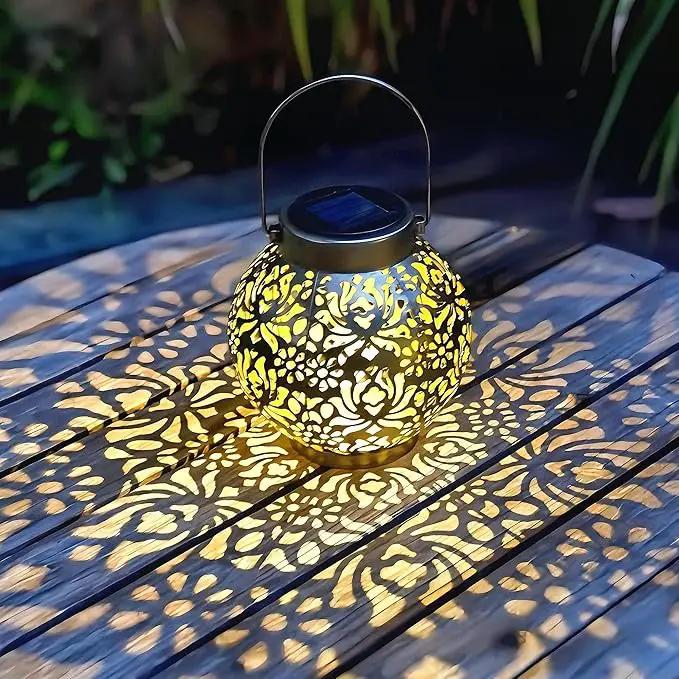 Set of 2 Outdoor Solar Hanging Lantern Lights Metal LED Decorative Lamp for Garden Patio Courtyard Lawn and Table with Hollowed-Out Design (Antique Bronze) by GreenHaven Gardens
