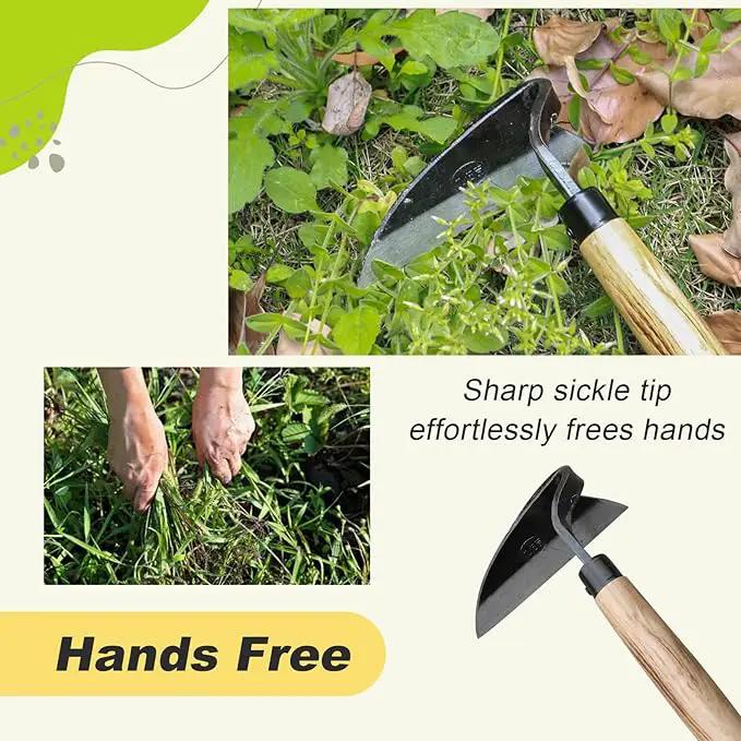 Japanese Weeding Sickle Hand Sickle，Hoe Gardening Tools for Weeding and Cultivating Weed Remover Tool High-Carbon Steel with Hard Solid Wood Handle Very Sharp (Wooden Handle) by GreenHaven Gardens