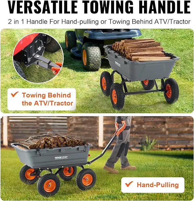 VEVOR 1200lbs 7Cu.Ft. Garden Dump Cart with 2-in-1 Convertible Handle and 13in All Terrain Wheels, Heavy Duty Poly Yard Dump Wagon Utility ATV Trailer Dump Cart Tow Behind for Lawn Mower Tractor by GreenHaven Gardens