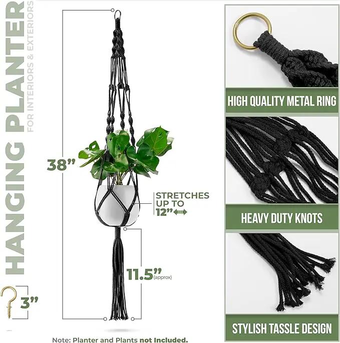 Sorbus Macrame Plant Hanger (6 Pack) Indoor Outdoor Hanging Plant Pots Cotton Rope, Elegant for Home, Patio, Garden (Black) by GreenHaven Gardens