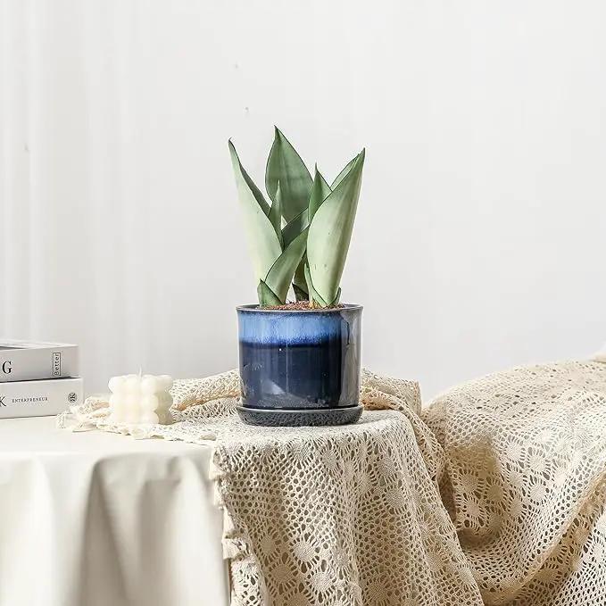 5.8 Inch Plant Pot: Ceramic Planter with Drainage Hole & Saucer - Gradient Blue Flowerpot for Indoor & Outdoor Plants with Separate Tray by GreenHaven Gardens