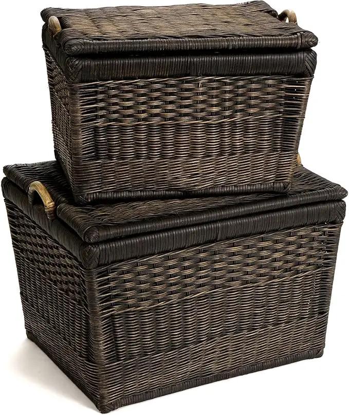 The Basket Lady Lift-Off Lid Wicker Storage Basket, Medium, 20 in L x 15 in W x 14 in H, Antique Walnut Brown by GreenHaven Gardens