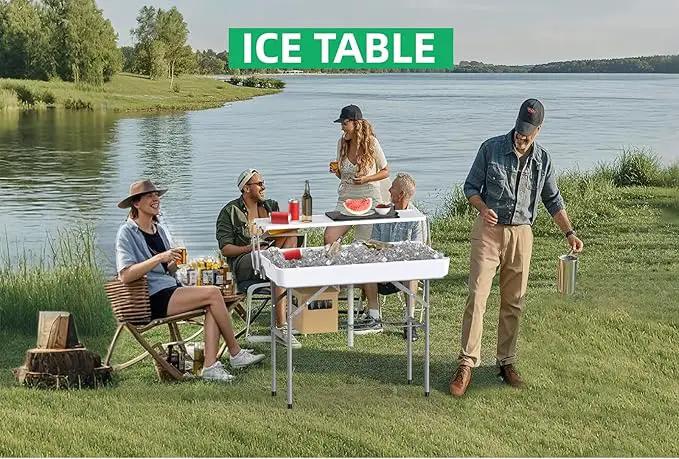 Portable Folding Ice Cooler Table with Skirt & Drain & Shelving, Outdoor Foldable Drink Ice Table with Storage for Camping, Picnics, BBQ & Parties, by GreenHaven Gardens