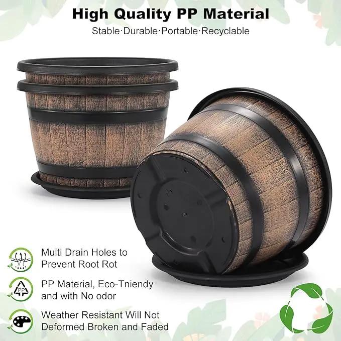 Quarut Large Plastic 4 Pack14 inch Plant Pots,Whiskey Barrel Planters with Drainage Holes & Saucer.Flower Pots Imitation Wine Barrel Design for Indoor & Outdoor Garden Balcony Plants.5 Gallons(Brown) by GreenHaven Gardens