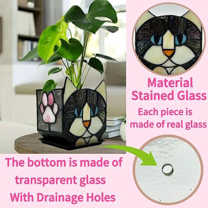 Stained Glass Black Cat Flower Pot,Succulent Pots with Drainage,Unique Black Cat Planter,Flower Pots for Indoor Plants,Glass Container Display Decoration,Cute Plant Gifts by GreenHaven Gardens