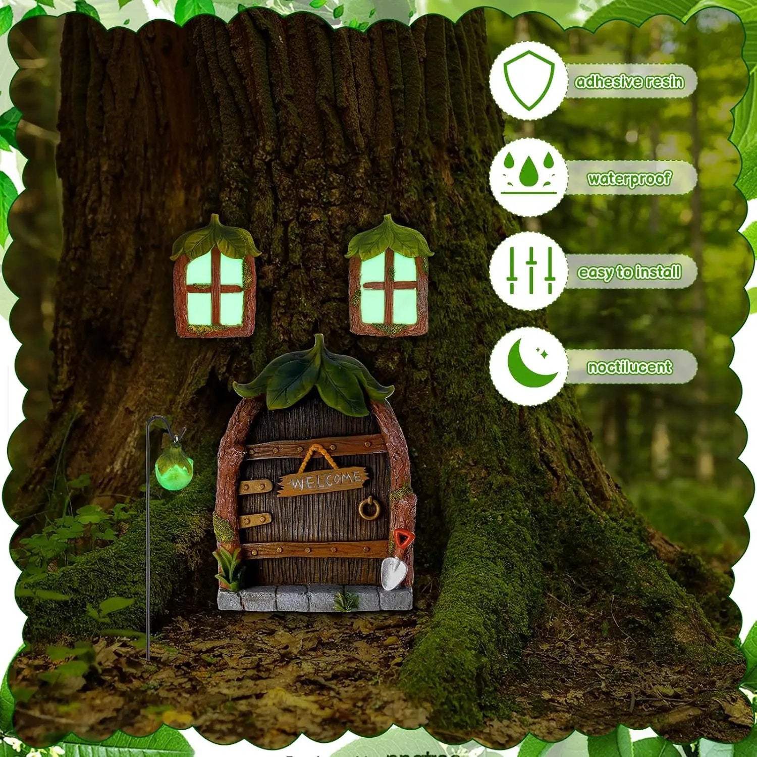 Glowing Miniature Fairy Garden Accessories, 4-Piece Miniature Fairy Figurines Glow in The Dark Fairy Door and Windows for Trees Set, Resin Light Up Sculpture Kit for Outdoor & Indoor Gardens by GreenHaven Gardens