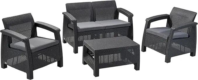 Keter Corfu 4 Piece Set All Weather Outdoor Patio Garden Furniture with Cushions, Charcoal by GreenHaven Gardens