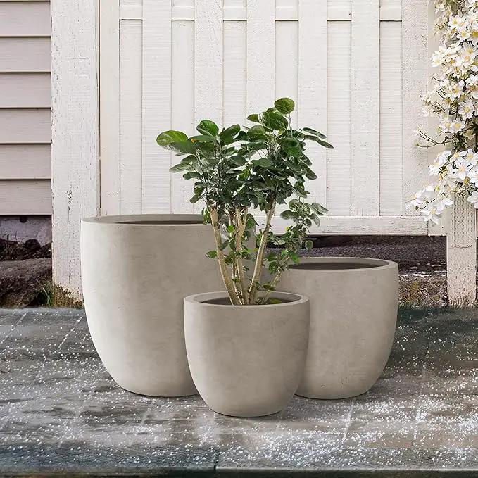 Kante 18",14",10" Dia Concrete Round Planters (Set of 3), Outdoor Indoor Large Planter Pots with Drainage Hole and Rubber Plug for Home Patio Garden, Buff Concrete by GreenHaven Gardens