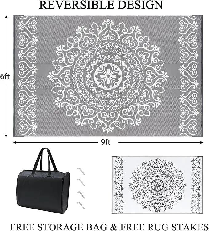 Pauwer Waterproof Outdoor Rug 6x9, Reversible Plastic Straw Patio Camping Rug, Indoor Outdoor RV Mat Carpet for Deck, Camper, Porch, Balcony, Backyard, Picnic, Floral Grey by GreenHaven Gardens
