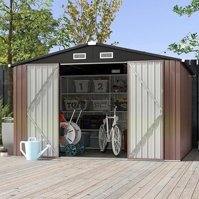 Aoxun 10x8 FT Outdoor Storage Shed with Double Hinged Large Door Utility Garden Shed with Lockable Door & Sloped Roof Metal Sheds Outdoor Storage for Garden, Backyard, Patio and Backyard, Brown by GreenHaven Gardens