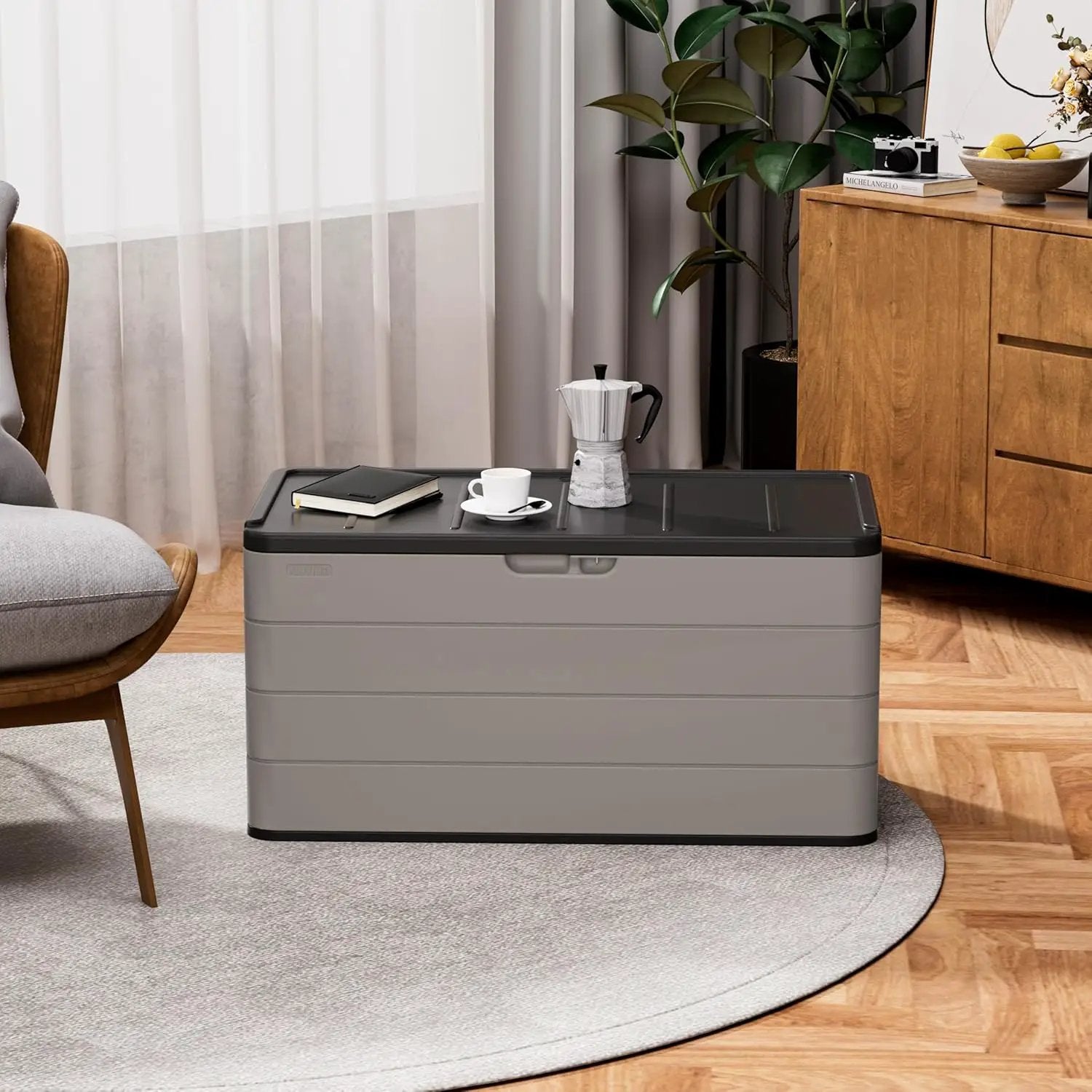 100 Gallon Large Resin Deck Box - Lockable Waterproof Outdoor Storage Bench for Patio Cushions, Garden Tools & Pool Accessories - Wood-Look Texture, Weather-Resistant for Backyard & Porch by GreenHaven Gardens