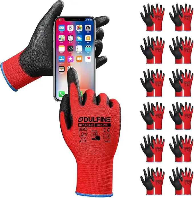 DULFINE Safety Work Gloves PU Coated for Men and Women-12 Pairs,Red Seamless Knit Glove with Two Fingers Touchscreen,Ideal for General Duty Work (Small) by GreenHaven Gardens
