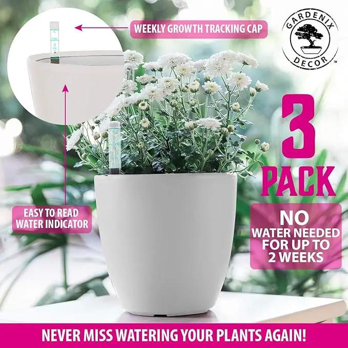 GARDENIX DECOR Self Watering Pots for Indoor Plants 3 Pack - Flower Pot with Water Level Indicator for Plants, Grow Tracking Tool - Self Watering Planter Plant Pot - Coco Coir - White by GreenHaven Gardens