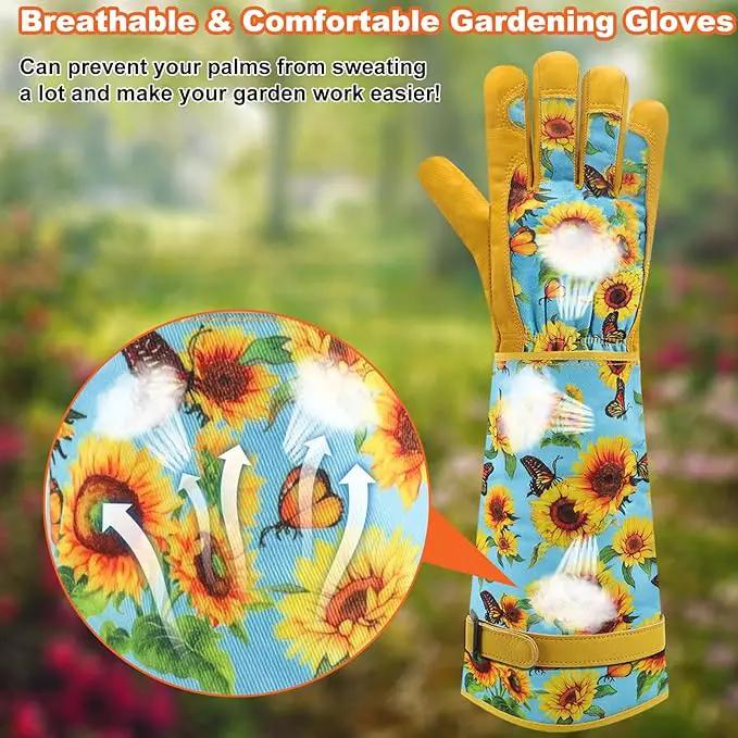 DLY Gardening Gloves for Women, Rose Gloves Gardening Thorn Proof, Long Garden Gloves for Women, Breathable Cowhide Leather Gauntlet (Medium, Blue) by GreenHaven Gardens