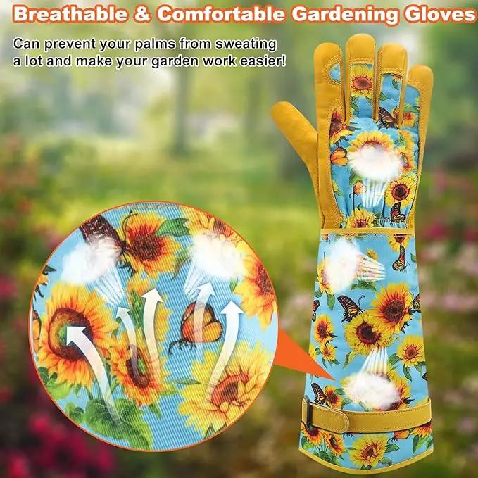 DLY Gardening Gloves for Women, Rose Gloves Gardening Thorn Proof, Long Garden Gloves for Women, Breathable Cowhide Leather Gauntlet (X-Large, Blue) by GreenHaven Gardens