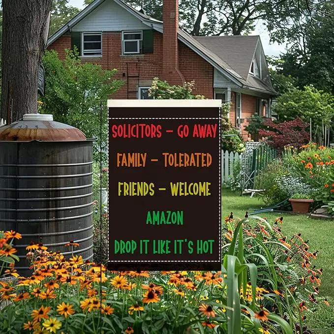 Funny Welcome Sarcastic Garden Flag Outdoor Decorations Go Away Family Tolerated Friends Small Double Sided Burlap art Stained Glass Style Garden Flags 12 x 18 Inch for Outside by GreenHaven Gardens