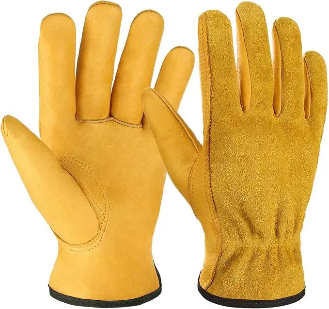 OZERO Leather Work Gloves Flex Grip Tough Cowhide Gardening Glove for Wood Cutting/Construction/Driving/Garden for Men and Women 1 Pair (Gold,Large) by GreenHaven Gardens