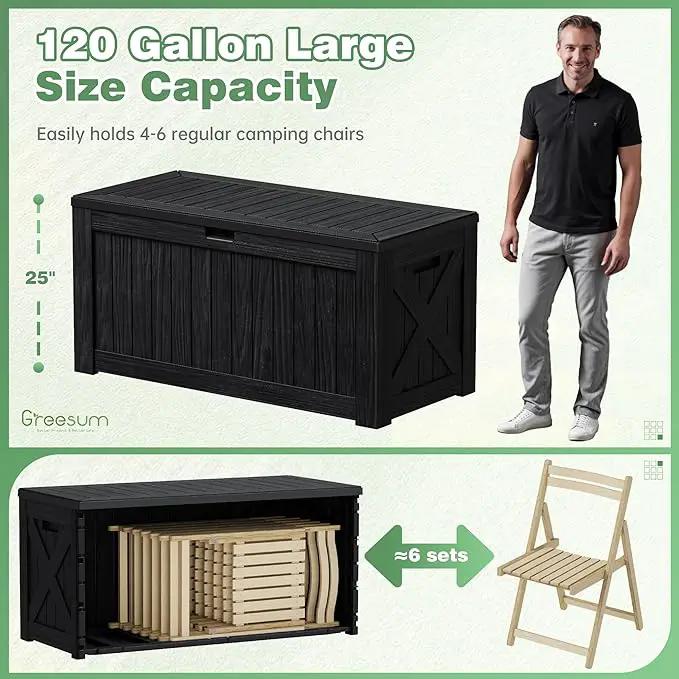 Greesum 120 Gallon Outdoor Storage Box with Lock - Large Resin Deck Box, Reinforced Lid for Garden, Patio, Lawn, Black by GreenHaven Gardens