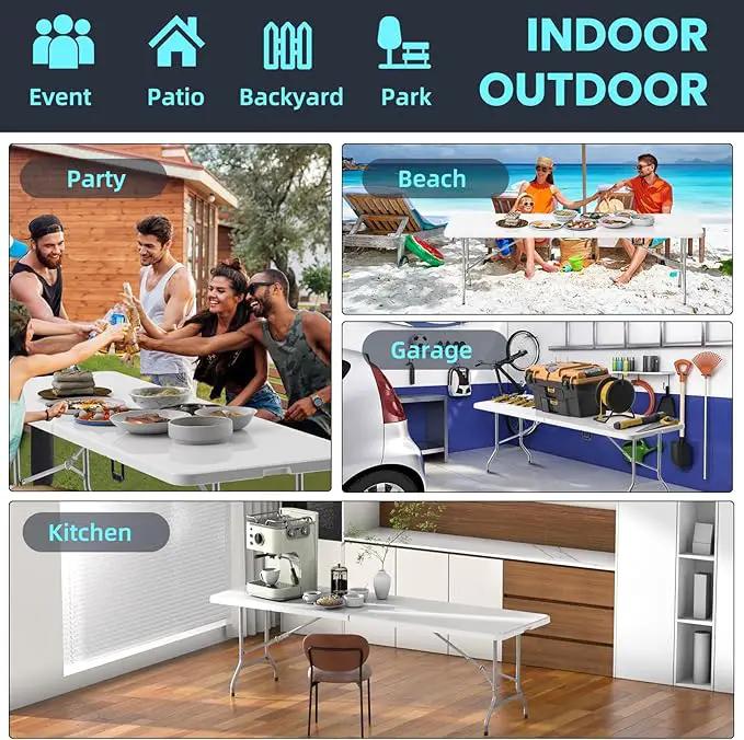 HLPB Folding Table Picnic Table, 8 ft Portable Camping Table with Handle and Safety Locks, Foldable Table Plastic Dining Table Indoor Outdoor for Camping, Picnic and Party by GreenHaven Gardens