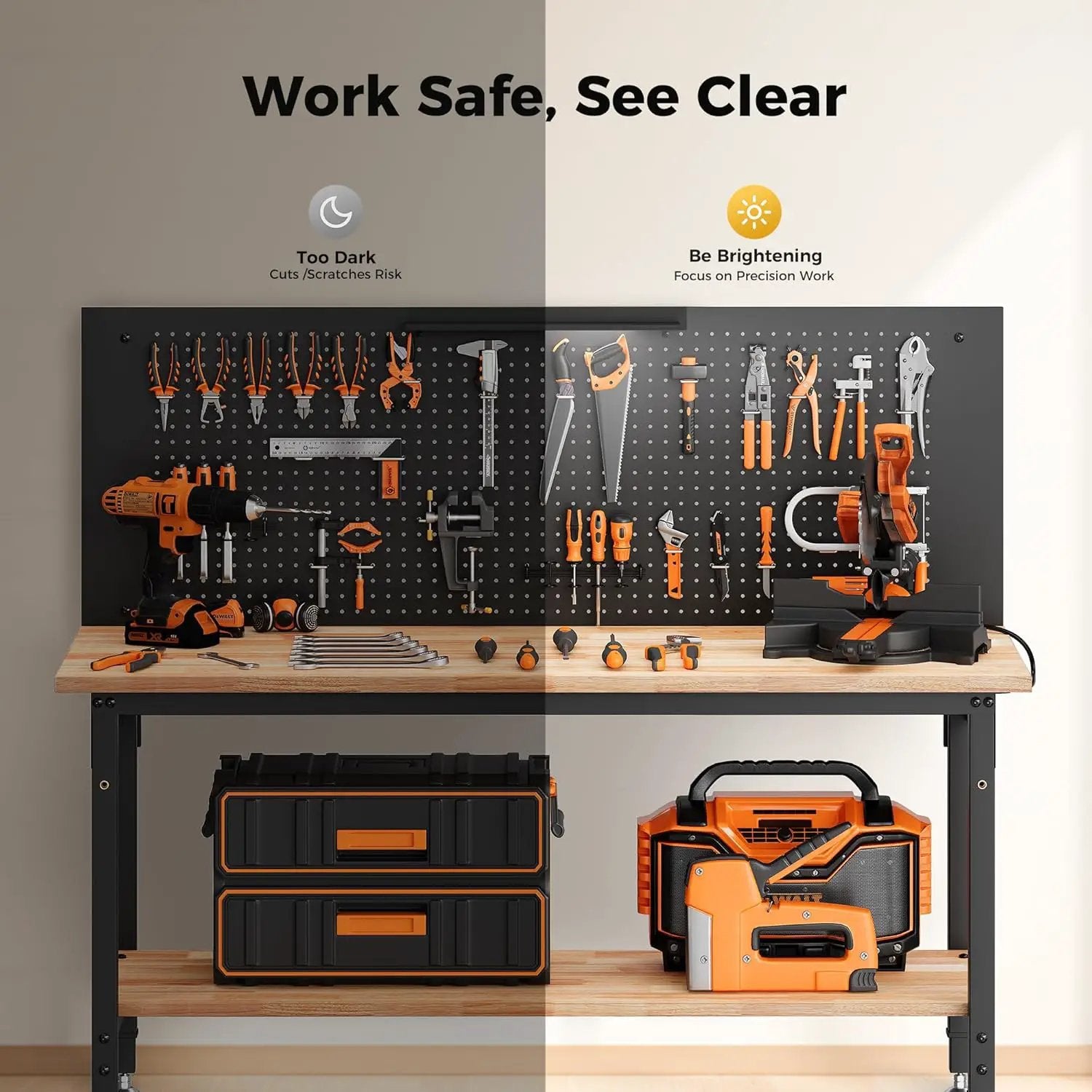 60" Work Bench Adjustable Height with Storage Shelf, Max Load 2000 LBS Heavy Duty Rubberwood Tabletop with Pegboard, LED Light, Built-in Power Strip for Woodworking Shop, Garage, Home by GreenHaven Gardens