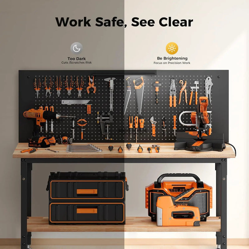 60" Work Bench Adjustable Height with Storage Shelf, Max Load 2000 LBS Heavy Duty Rubberwood Tabletop with Pegboard, LED Light, Built-in Power Strip for Woodworking Shop, Garage, Home by GreenHaven Gardens
