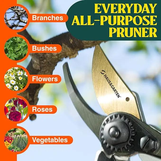 Haus & Garten PrecisionPRO 8" Titanium Pruning Shears - Heavy Duty Professional Bypass Pruner - Use As Rose Clippers, Premium Gardening Secateurs, Garden Scissors, Handheld Yard, Tree, & Plant Tool by GreenHaven Gardens