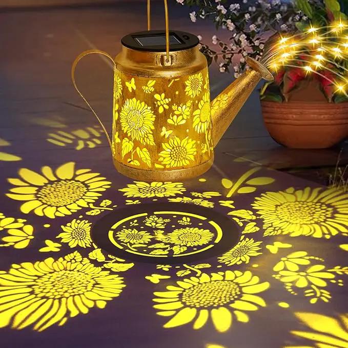 Solar Watering Can Lights Outdoor Garden Decor, Large Sunflower Hanging Lantern with Shepherd Hook, Yellow LED, Gold Finish, Floral Theme, Outdoor Decoration, Parties, Occasions by GreenHaven Gardens