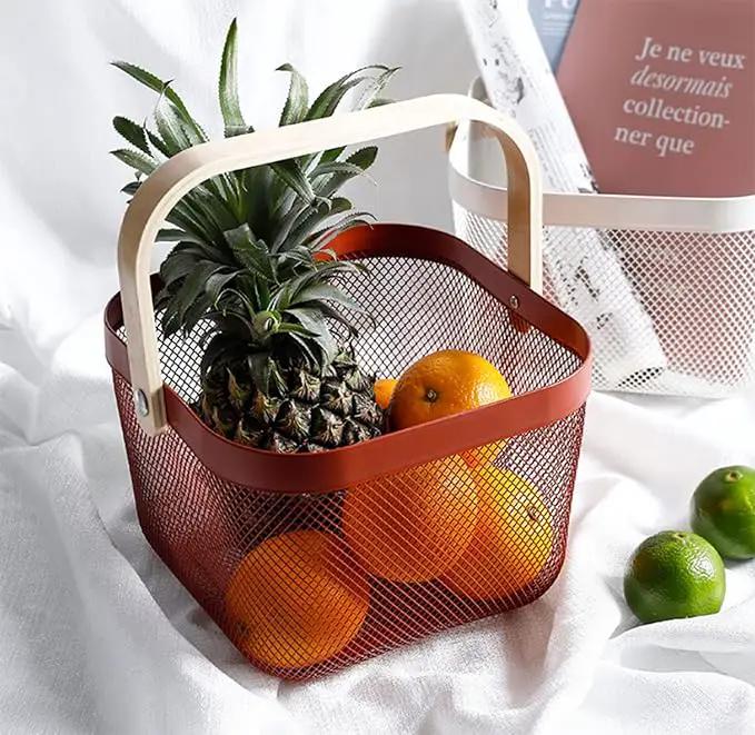 Metal Mesh Steel Basket, Storage Organizer Basket Multi-functional Hanging Kitchen Baskets Fruit Basket Bin with Bamboo Handle for Kitchen Bathroom Picnic Shopping Decor Cabinet Home, Red by GreenHaven Gardens