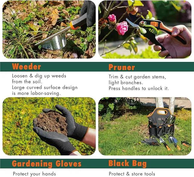 DTRK 8-Piece Large Garden Tool Set 304 Stainless Steel Garden Tool Kit with Handbag,Pruning Shears,Gloves Heavy Duty Gardening Hand Tools with Non-Slip Rubber Grip,Ideal Gifts for Women & Men Orange by GreenHaven Gardens