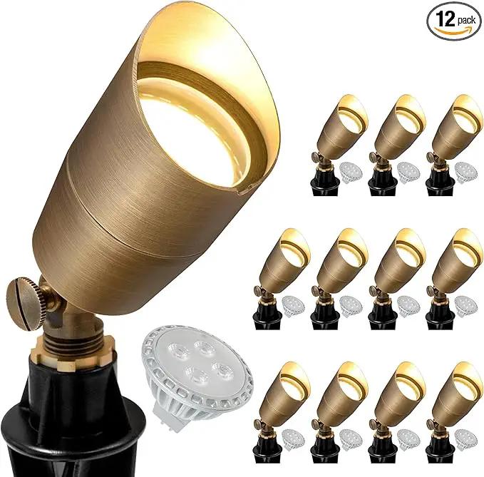 GKOLED Solid Brass Low Voltage Compact Spotlight, 12V AC/DC Waterproof Outdoor Landscape Spot Lights for House Trees Garden Yard Lawn, Up Light with 5W 2700K MR16 Bulb, Stake Included, 12 Pack by GreenHaven Gardens