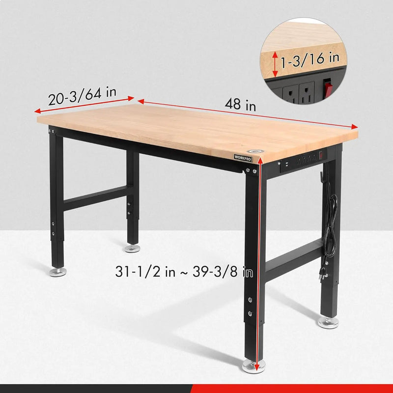 WORKPRO 48" Adjustable Workbench, Rubber Wood Top Heavy-Duty Workstation, 2000 LBS Load Capacity Hardwood Worktable with Power Outlets, for Workshop, Garage, Pack of 2 by GreenHaven Gardens