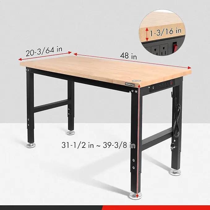 WORKPRO 48" Adjustable Workbench, Rubber Wood Top Heavy-Duty Workstation, 2000 LBS Load Capacity Hardwood Worktable with Power Outlets, for Workshop, Garage, Pack of 10 by GreenHaven Gardens
