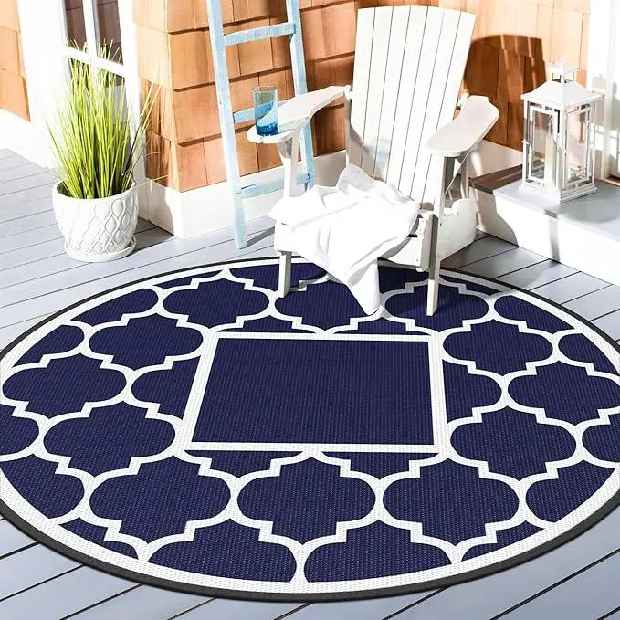 GENIMO 8' Round Outdoor Rug Waterproof for Patio Decor, Foldable Reversible Plastic Straw Area Rugs Mat for Rv, Outside Carpet for Camper, Deck, Picnic, Beach, Balcony, Camper, Blue & White by GreenHaven Gardens