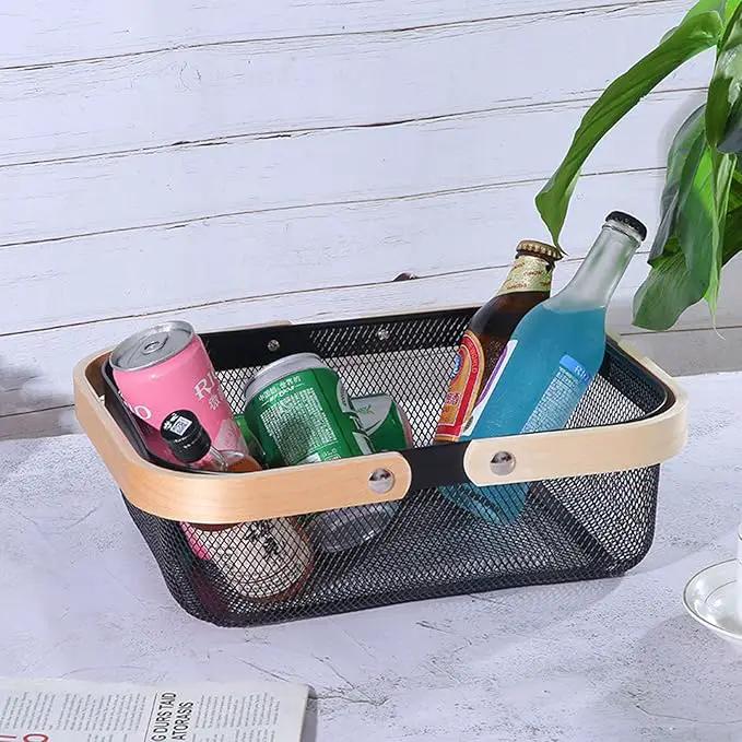 Metal Mesh Steel Basket, Storage Organizer Basket Garden Harvest Basket Multi-functional Kitchen Fruit Baskets Bin with Wooden Handle for Bathroom Picnic Shopping Decor Cabinet Home, Black by GreenHaven Gardens