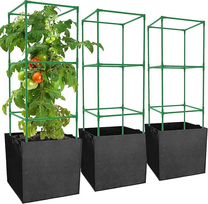 3 Packs 47 x 16 x 16 Inch Garden Tomato Cages with 17.7 Gallon Grow Bags- Square Plant Support Trellis Assembled with Planter Bags- Garden Cucumber Vegetables Frames for Vertical Climbing Plants by GreenHaven Gardens