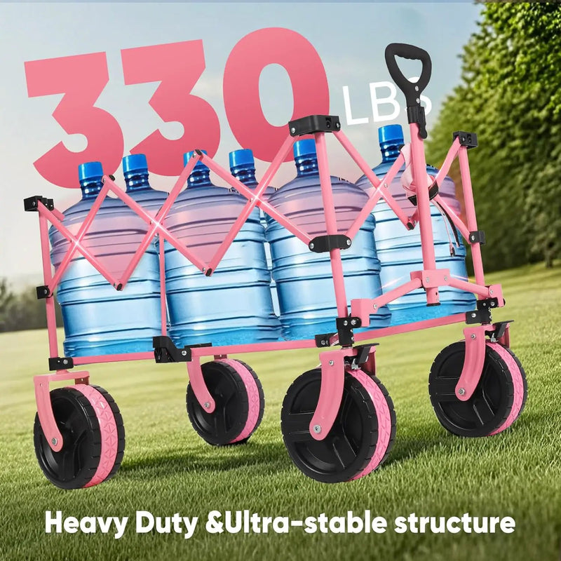 Sekey 220L Collapsible Foldable Wagon with 330lbs Weight Capacity, Heavy Duty Folding Utility Garden Cart with Big All-Terrain Beach Wheels & Drink Holders.Pink by GreenHaven Gardens