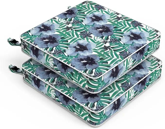 LVTXIII Patio Chair Cushions 22"x22"x3", Water-Repellent Outdoor Seat Cushions for Patio Furniture, Square Chair Pads with Ties for Home Garden Decoration, Set of 2, Blue Salmone Tropical by GreenHaven Gardens