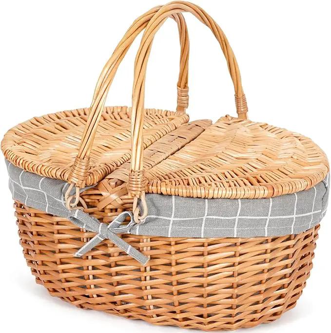 Happypicnic Wicker Picnic Basket with Handle, 15" Large Empty Picnic Basket with Lid & Removable Liner, Vintage Hand Woven Basket for Picnics, Camping, Veg Picking, Mother's Day, Thanksgiving (Check) by GreenHaven Gardens
