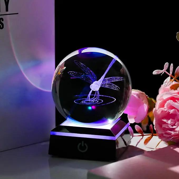 Qianwei Dragonfly Gifts for Women 3D Crystal Ball 3.14'' - Laser Dragonfly Decor Glass Animals Dragonfly Gifts Figurines Statue Stuff for Room Decorations Dragonfly Night Light by GreenHaven Gardens