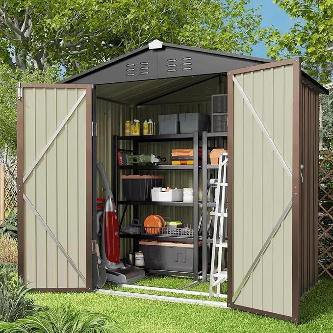 Gizoon Outdoor Storage Shed 6 x 4 FT, Galvanized Metal Garden Shed with Double Lockable Doors, Outdoor Storage Clearance for Backyard Patio Lawn-Light Brown by GreenHaven Gardens