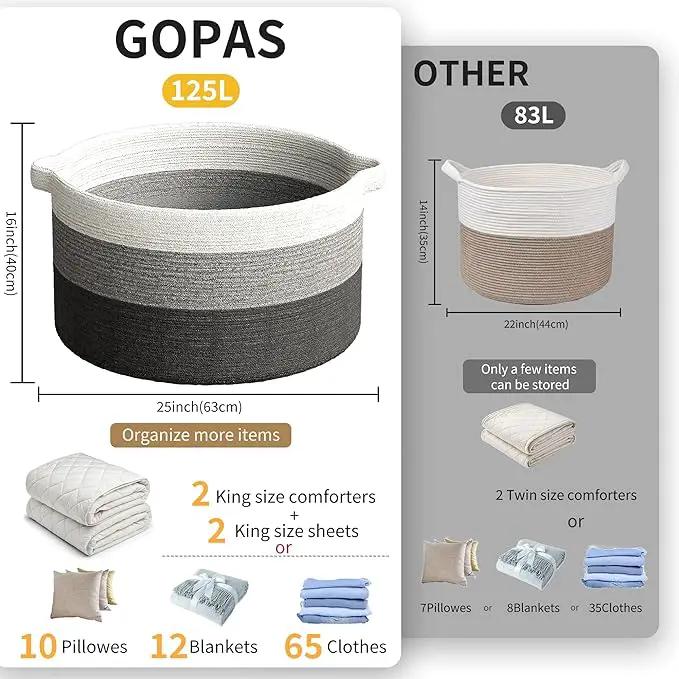 125L Extra Large Blanket Basket, 25" x 16", Jumbo Laundry Woven Baskets Decorative Home, Cotton Rope Basket with Handles, Baby Toy Baskets for Storage, Gradual Gray, 2PC by GreenHaven Gardens