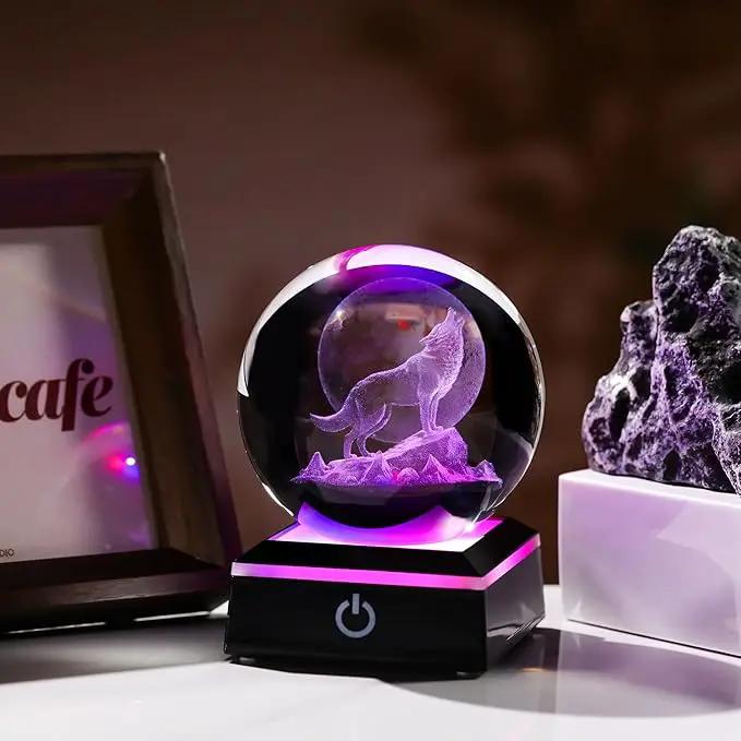 Qianwei Wolf Gifts: 3D Crystal Ball - 3.14'' Laser Decor Glass Animals Figurines Statue & Night Light by GreenHaven Gardens