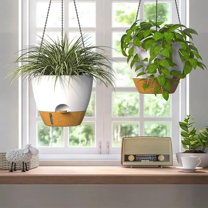 ZMTECH 12 Inch Hanging Planters for Indoor Outdoor Plants, 2 Pack Self Watering Hanging Plant Pots with Drainage Hole, Visual Reservoir, Plastic Flower Hanging Pots with Watering Lip (White) by GreenHaven Gardens