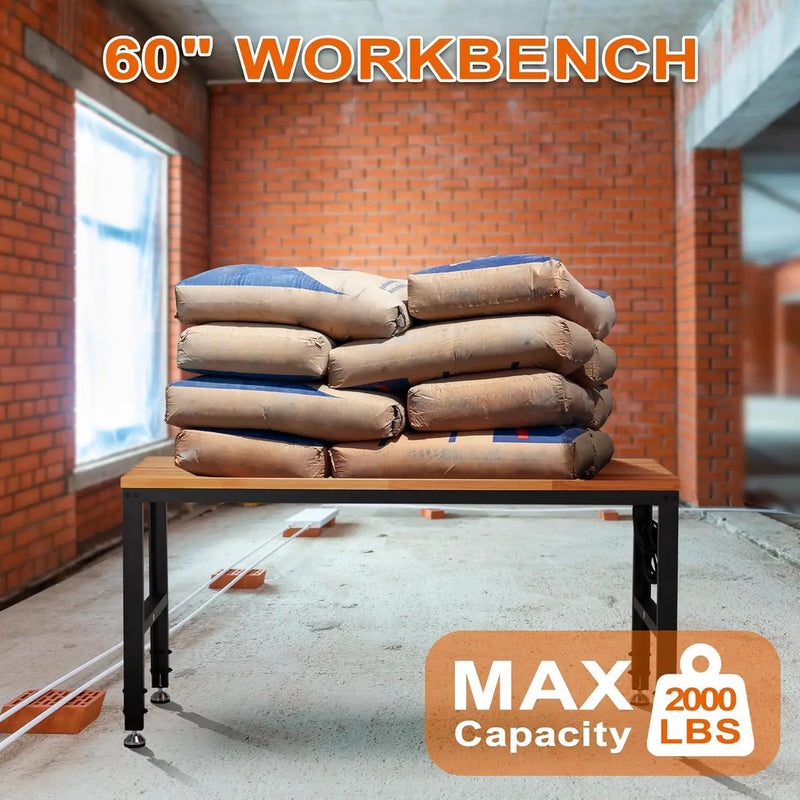 Haddockway Adjustable Workbench for Garage, 60" x 22" Rubber Wood Top Worktable with Power Outlets, Max 2000 Lbs Load Capacity Heavy Duty Workstation for Workshop Office Home (Black Frame, 60in) by GreenHaven Gardens